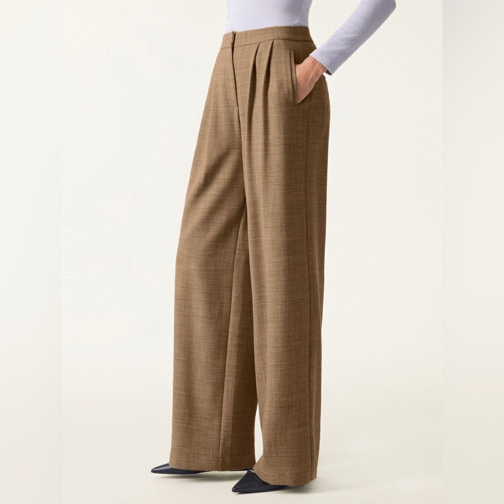 Stretch Wool 4-way Stretch Wool Mid Rise Pleated Wide Leg Trousers with Pockets